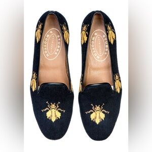 Stubbs & Wootton Black Needlepoint Bee Slip-On Loafers 7 leather